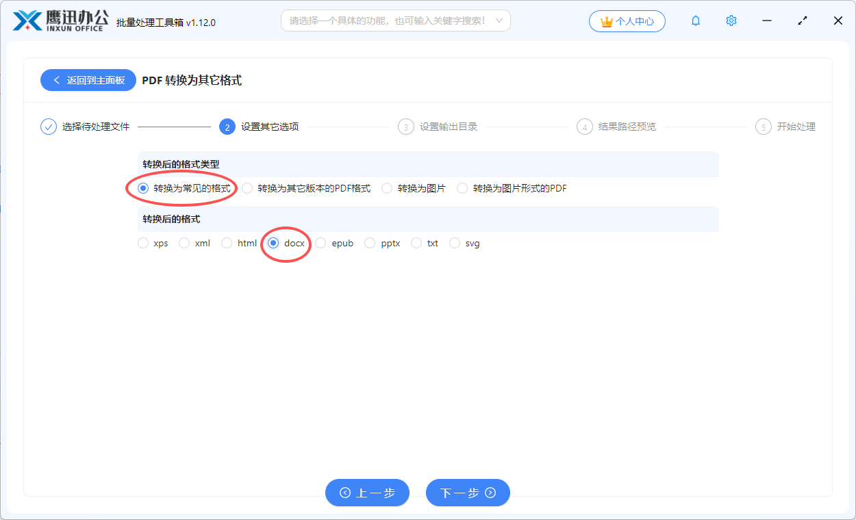 多个PDF转docx选项设置