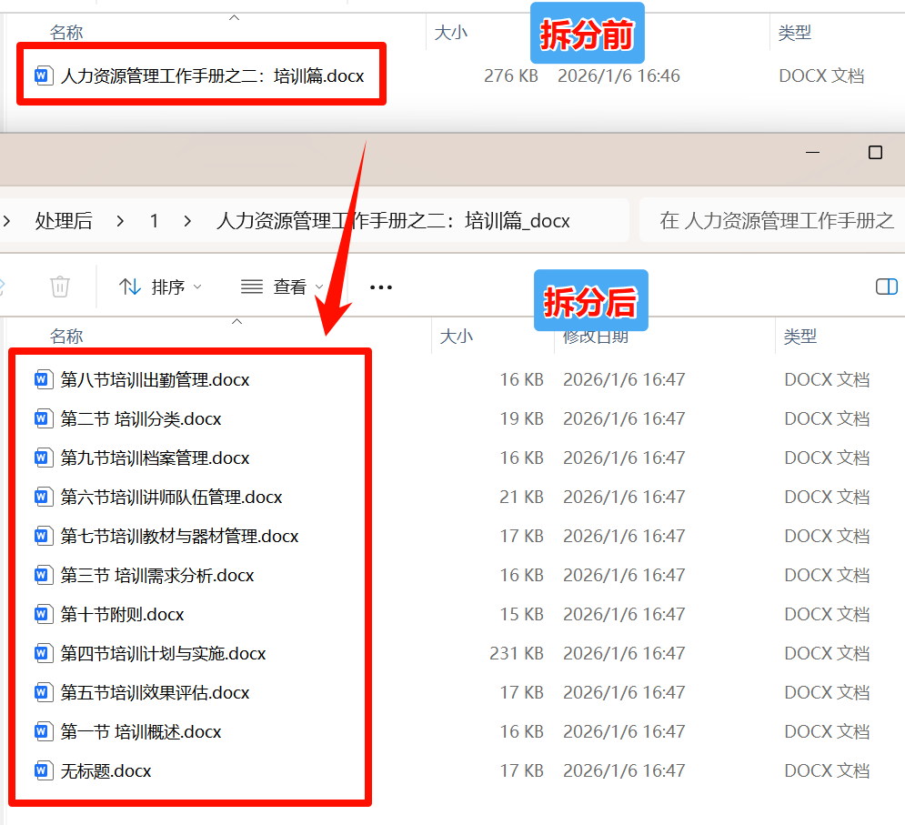Word文档按大纲级别拆分效果预览