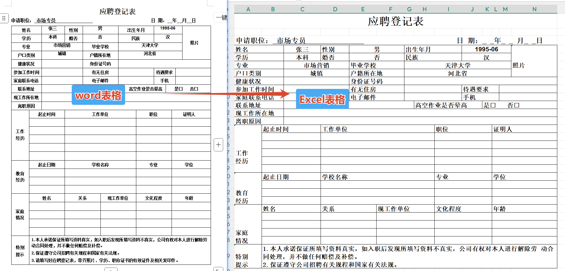 Word表格转Excel效果预览